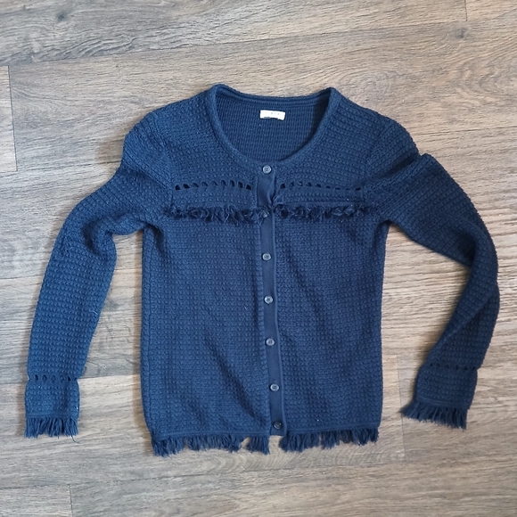 J.Crew Women's Navy Blue Knit Fringe Cardigan. - Picture 3 of 16